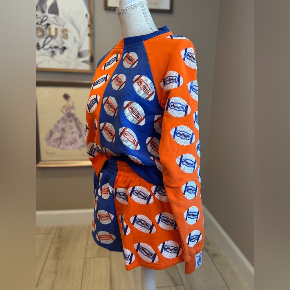 New!QUEEN OF SPARKLES Blue & Orange Sequin Football Sweatshirt & Shorts Set - Picture 3 of 10